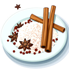 vector illustration of a pile of white sea salt with anise stars and cinnamon sticks on a plate