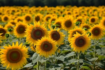 Fototapeta premium Stunning landscape of bright yellow sunflowers against a soft-focus background