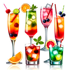 Watercolor clipart of colorful cocktails with fruit and ice cubes in glasses on a white background