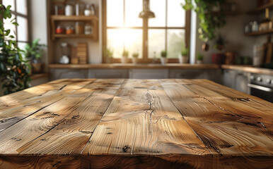 Wooden texture table top on blurred kitchen window background. Studio photo for product display or design key visual layout. For showcase or montage your items (or foods). Mock up. Generative AI