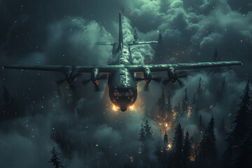 Obraz premium Special forces transport plane dropping elite troops behind enemy lines under the cover of darkness. Concept of covert operations and rapid deployment. Generative Ai.
