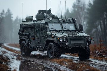 Fototapeta premium Advanced electronic warfare vehicle disrupting enemy communications and radar systems with sophisticated jamming technology. Concept of cyber warfare and electronic countermeasures. Generative Ai.
