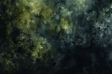 Obraz premium : An abstract watercolor background with dark shades of olive and moss green, blending into deep shadows, creating a mysterious, forest-like environment.