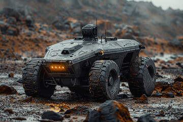 Obraz premium Unmanned ground vehicle equipped with remote-controlled weaponry, patrolling hostile territory with relentless vigilance. Concept of robotic warfare and autonomous defense. Generative Ai.