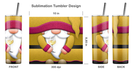 Funny Gnome White Wine Lover cartoon character. Seamless sublimation template for 20 oz skinny tumbler. Sublimation illustration. Seamless from edge to edge. Full tumbler wrap.