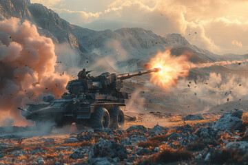 Field artillery howitzer firing high-explosive shells at distant targets, its crew adjusting aim based on battlefield conditions.  Generative Ai.