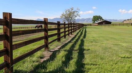 Fototapeta premium A wooden fence corral for livestock in a rural farm setting. It is used for managing and enclosing animals in the countryside.