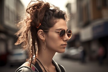 Portrait of a trendy young woman with dreadlocks wearing round sunglasses on a city street