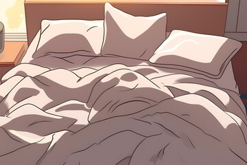 Cartoon art, Cozy unmade bed with white linens, soft morning light, peaceful bedroom scene, inviting atmosphere, serene retreat, comfortable bedding