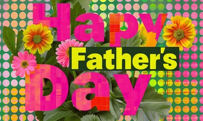 Happy Fathers Day greeting card with colorful fonts. Stylish design with typography and flowers. Summer holiday template. Modern style for banner, invitation, poster, flyer