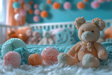 Teddy Bear Sitting on Bed With Yarn Balls