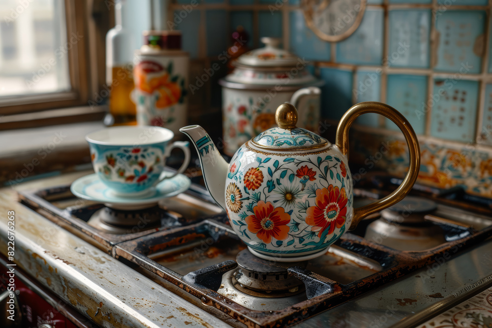 Canvas Prints A cozy kitchen scene with a vintage kettle whistling on the stove, heralding the arrival of tea time. Concept of home comforts and domestic rituals. Generative Ai.