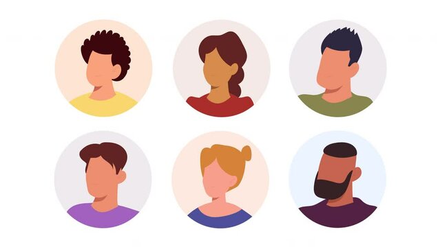 Motion avatar set of people on transparent background. People avatar round icon set. Social teamwork cartoon animation. 4K Video, alpha channel.