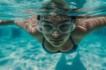 Naklejka premium Woman swimming underwater wearing goggles in a pool. Concept of sport and determination.