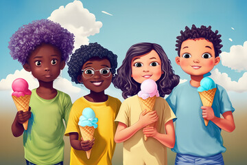 4人の子供がアイスクリームを持つ