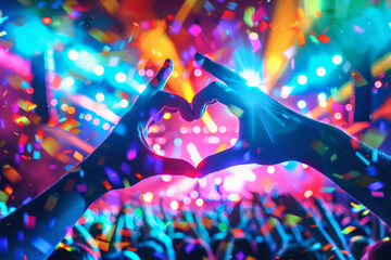 Silhouette of hands forming a heart symbol at a lively concert, amidst colorful lights and energetic confetti in the air