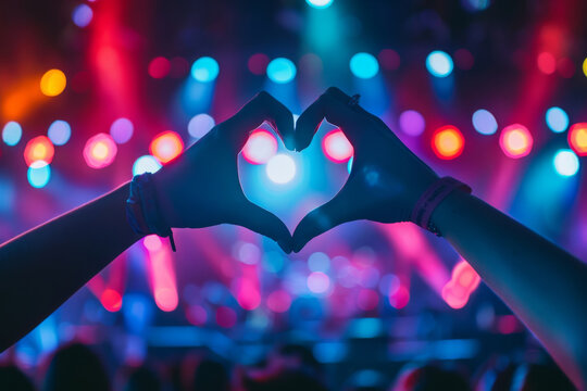Silhouette of hands forming a heart shape at a live concert with vibrant stage lighting and blurred crowd background - Powered by Adobe
