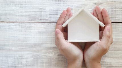 Close-up of hands gently holding a white minimalist house model, set against a pale wooden background.
