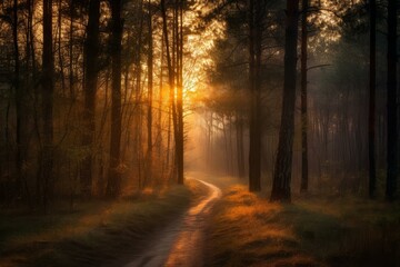 Naklejka premium Mystical sunrise illuminates a forest trail, casting shadows and light in a serene woodland