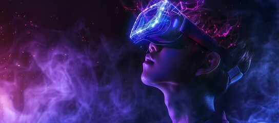 a young guy in virtual reality glasses, futuristic