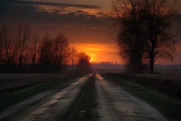 Fototapeta premium Tranquil rural sunset road with beautiful silhouette of trees and a dramatic orange sky at the golden hour. Creating a serene and peaceful landscape in the countryside