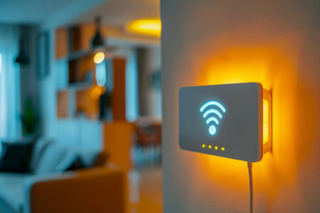 Illuminated wi-fi router fixed to a wall emits a blue glow, showcasing modern internet connectivity in a cozy living room setting
