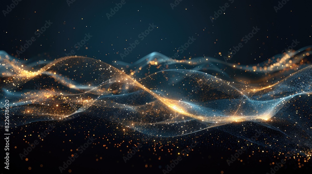 Poster the image is a dark blue background with glowing blue and gold particles. the particles are arranged