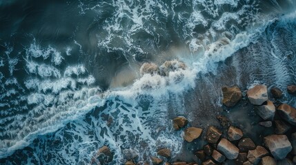 An aerial view captures the dramatic moment as sea waves crash against rocks on the beach