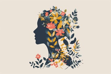 head of woman silhouette profile with flowers and leaves above. Florist card flat illustration with copy space. 