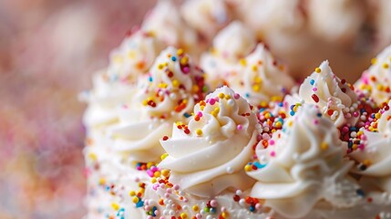A piece of bright birthday cake on a background. A close-up of a birthday cake with sprinkles on top.