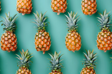Vibrant pattern of ripe pineapples arranged neatly on an aqua-colored background, perfect for health and tropical themes