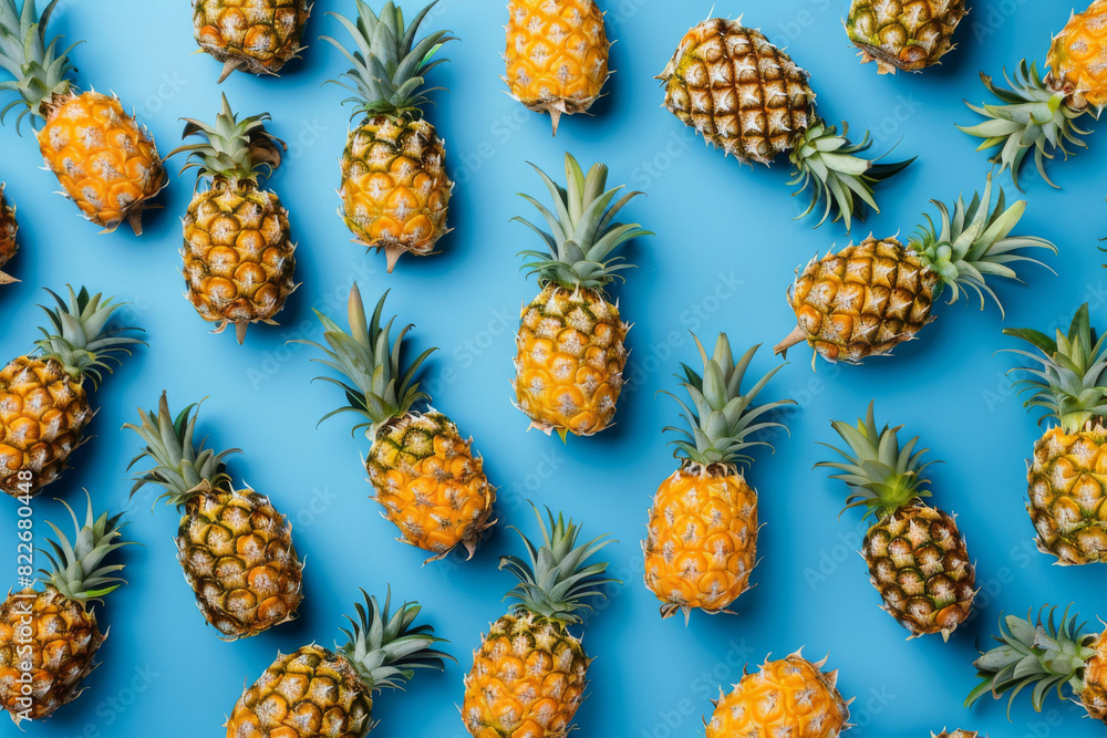 Poster bright and vibrant pineapples neatly arranged on a vivid blue backdrop, showcasing patterns and vari