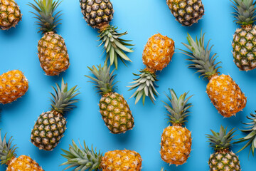 Vibrant collection of whole pineapples arranged in a symmetric pattern on a bright blue backdrop, exuding a summer feel
