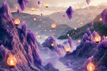 : A mystical valley where the mountains are made of amethyst, surrounded by floating lanterns that cast a gentle, magical glow.