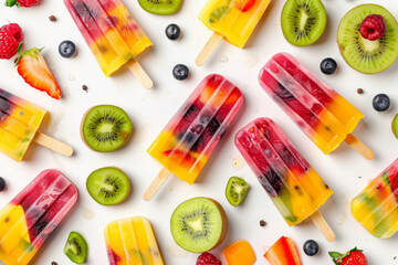Colorful fruit popsicles scattered among fresh strawberries, blueberries, and kiwi slices, conveying a refreshing summer treat on a white surface - Powered by Adobe