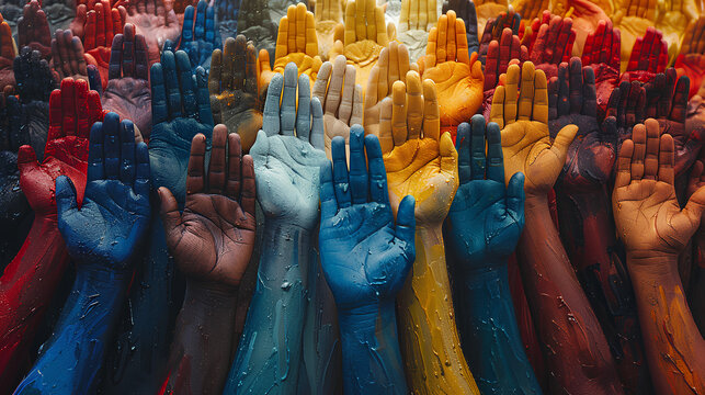 Concept of inclusion, hands painted in different colors that speak about the great variety of human beings