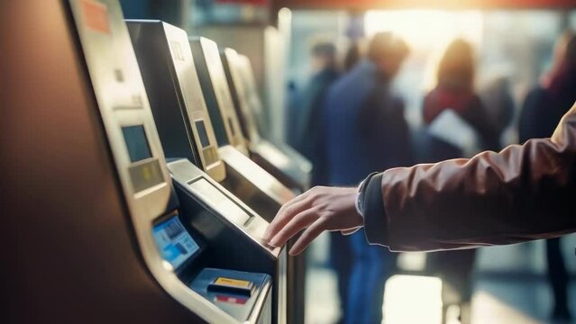 A person using an ATM machine at a busy train station during sunset, capturing the essence of daily urban life, travel, and modern financial transactions in a vibrant city environment.