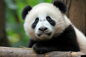 Obraz premium Close-up portrait of an adorable young panda cub in its natural habitat in the serene and tranquil bamboo forest of china, showcasing its expressive eyes and fluffy fur