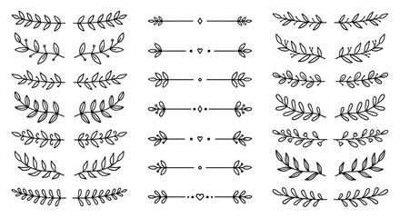 Laurel text dividers doodle set. Wedding decorative elements with leaves. Branches, divider ornament, borders, lines. Hand drawn vector illustration isolated on white background © AnyaLi