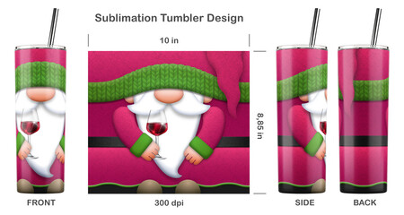 Funny Gnome Red Wine Lover cartoon character. Seamless sublimation template for 20 oz skinny tumbler. Sublimation illustration. Seamless from edge to edge. Full tumbler wrap.