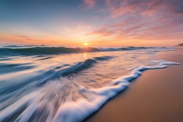 Sunset over ocean waves, vibrant sky reflecting on water, peaceful beach scene, tranquil seascape, coastal landscape, serene evening view