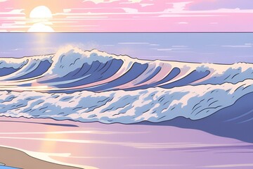Cartoon sunset over ocean waves, vibrant sky reflecting on water, peaceful beach scene, tranquil seascape, coastal landscape, serene evening view