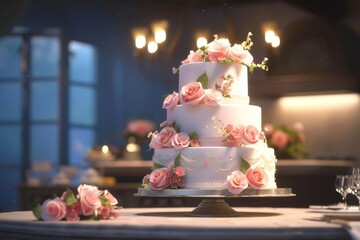 a four tier wedding cake, with pink roses 