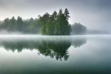 Misty forest reflected in calm lake, serene nature scene, tranquil water, foggy morning, peaceful landscape, lush greenery, scenic view
