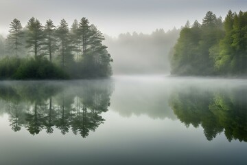 Fototapeta premium Misty forest reflected in calm lake, serene nature scene, tranquil water, foggy morning, peaceful landscape, lush greenery, scenic view