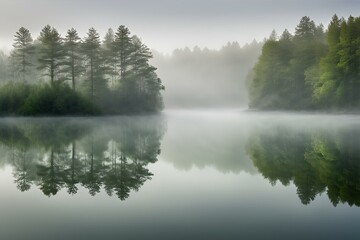 Misty forest reflected in calm lake, serene nature scene, tranquil water, foggy morning, peaceful landscape, lush greenery, scenic view