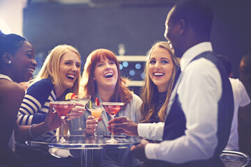 Women, friends and cocktail or waiter service in nightclub or birthday celebration or girls...
