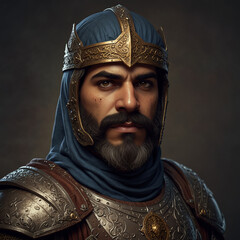 Medieval noble knight in armor. Prince warrior with helmet, ancient soldier with protection, steel champion