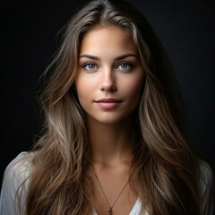 Naklejka premium A woman with long brown hair and a necklace is smiling