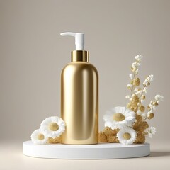 cosmetic dispenser plastic bottle on a white podium